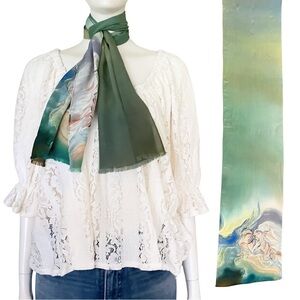 Vintage 100% Silk Green Blue Abstract Watercolor Long Scarf Painterly Boho